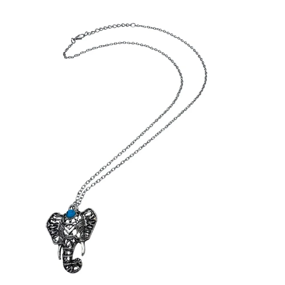 Silver Tone Elephant Necklace Blue Turquoise Style Stone‎ Boho Statement Pendant